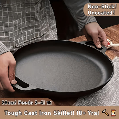 Cast Iron Skillet 11 Inch Pre-Seasoned Round Grill Pan with Dual Loop Handles – Even Heating for Oven, Stovetop, Campfire & Grill | Heavy-Duty Kitchen Cookware for Pizza, Steak & More