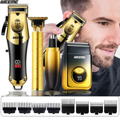 Men's Grooming Kit USB Rechargeable Hair Clipper Set with Nose Trimmer Electric Shaver Detail Trimmer 8 Limit Combs Professional Haircut Kit Father's Day Christmas Gift Gold