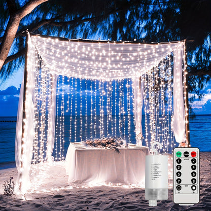 Curtain Lights for Gazebo Outdoor, 330 LED 10ft x 10ft Waterfall Fairy Lights Battery Operated with Remote, IP65 Waterproof Hanging String Lights with 8 Modes for Bedroom Porch Patio Wedding Decoration