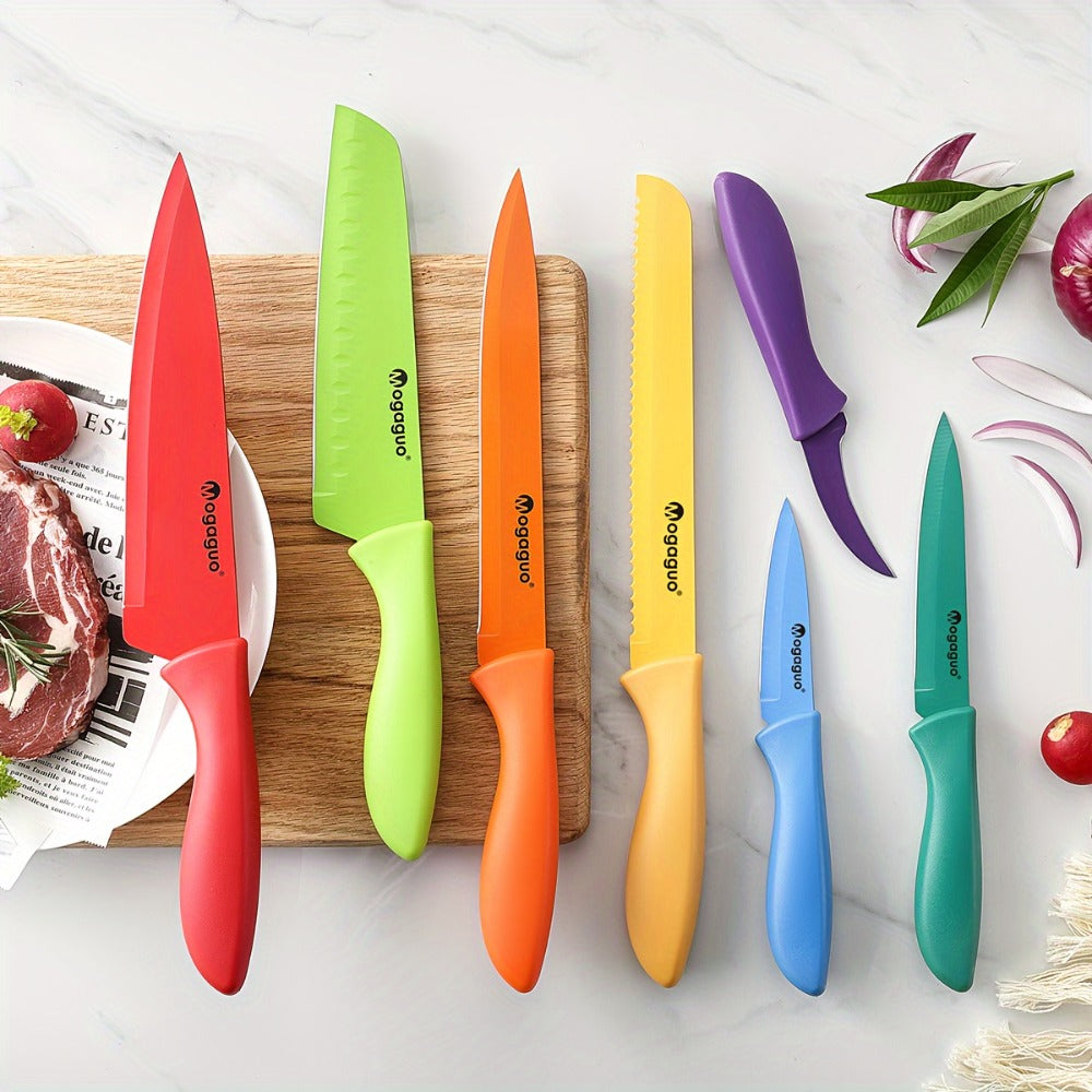 Rainbow Kitchen Knife Set 14pcs – 7 Sharp Stainless Steel Knives with 7 Blade Guards, Dishwasher Safe, Non-Stick Professional Chef Knife Set with Sheaths