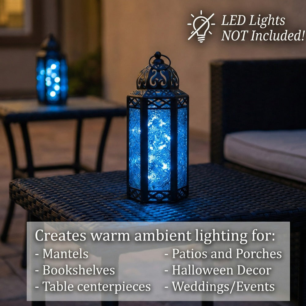 Moroccan Candle Lantern Holder - Decorative Metal & Glass Lantern with Embossed Floral Design for Indoor Home Decor, Garden, Patio, Weddings, Ramadan, Halloween & Holiday Celebrations - 10.5" Tall Medium Size