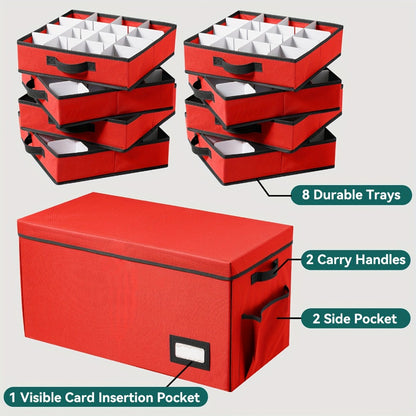 Christmas Ornament Storage Box 128 Slots 8 Trays Stackable Large Capacity Holiday Organizer with Lid Side Open Adjustable Dividers Removable Trays Red Green