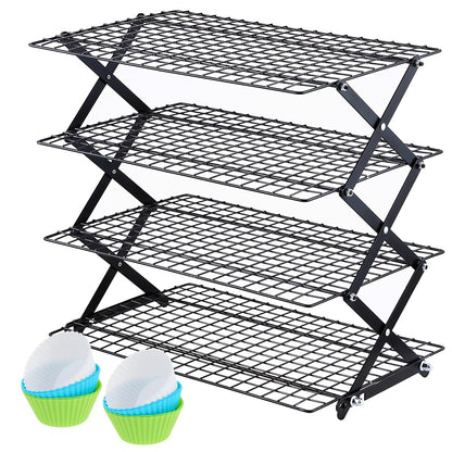 4-Tier Collapsible Cooling Rack Set with Muffin Cups - Metal Wire Baking Rack for Cookies Cakes Bread Roasting BBQ Countertop Kitchen Drying Rack