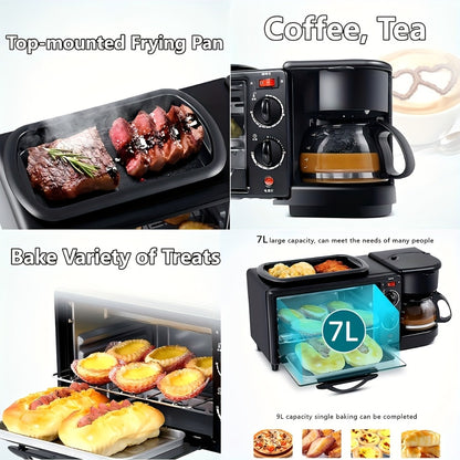 3-in-1 Breakfast Station Maker - Coffee Maker + Toaster + Frying Pan Combo, One-Touch Timing Fast Cooking, All-in-One Breakfast Machine 110V US Plug for Home Kitchen Apartment Dorm