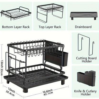 2-Tier Metal Dish Drying Rack with Drainboard – Kitchen Counter Dish Drainer Compact Countertop Drying Rack Black White Gray