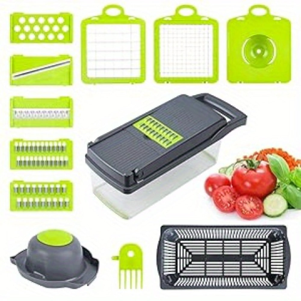 Vegetable Chopper 16-in-1 Manual Food Chopper Set – 8 Interchangeable Blades with Container, Grater & Strainer – Professional Onion Slicer & Dicer for Carrots, Garlic & Salad Kitchen Prep
