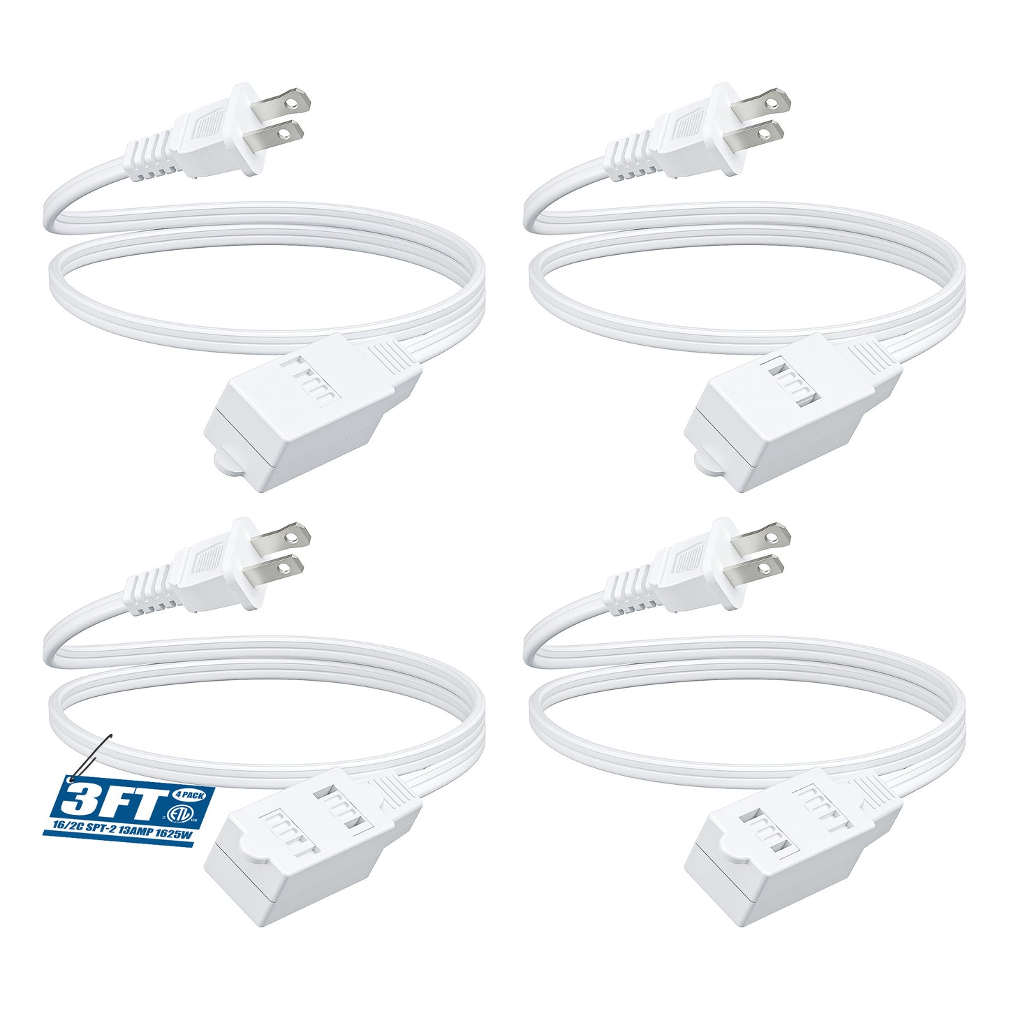 Extension Cord 4 Pack 3FT 3-in-1 Outlet 2 Prong Plugs 16AWG SPT-2 Cable Twist-Lock Safety Cover 13A 125V for Home Office Workshop Indoor Use White