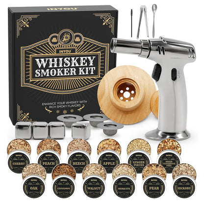 Whiskey Smoker Kit with Torch 26pcs - 12 Wood Chip Flavors, 3 Filters, Cocktail & Old Fashioned Smoker Kit - Bourbon Whiskey Gifts for Men, Dad, Husband, Birthday Gift Set (No Butane)