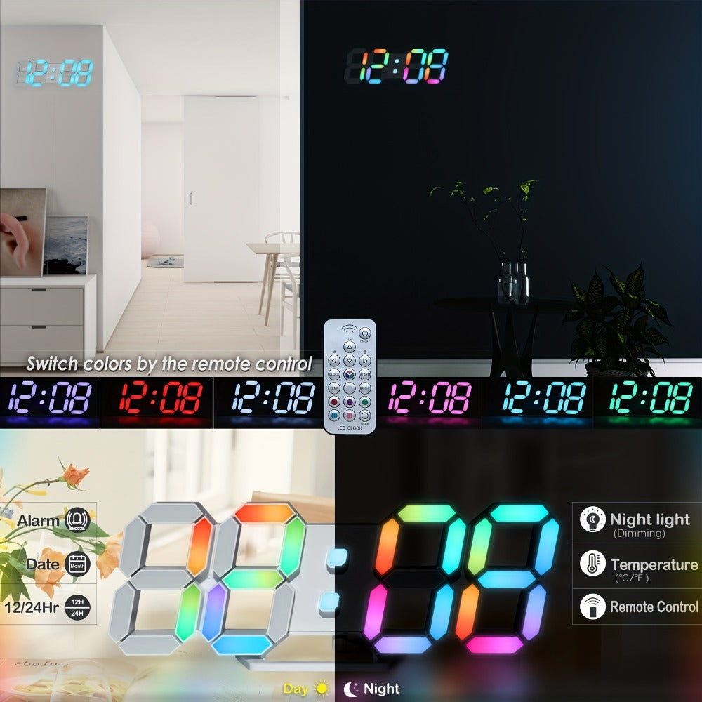 Digital Wall Clock RGB Neon LED 9.7" Large Display – Aesthetic Alarm Clock with Remote Control, Adjustable Brightness, Date & Temperature Display for Bedroom, Living Room, Office & Gym
