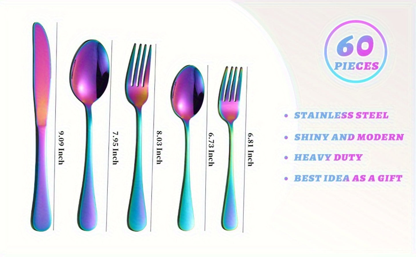 Flatware Set for 12, 60-Piece 304 Stainless Steel Cutlery Set with Mirror Polish & Titanium Plated Finish — Dishwasher Safe Silverware with Knife, Fork & Spoon | Silver, Gold & Rainbow