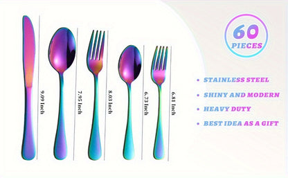 Flatware Set for 12, 60-Piece 304 Stainless Steel Cutlery Set with Mirror Polish & Titanium Plated Finish — Dishwasher Safe Silverware with Knife, Fork & Spoon | Silver, Gold & Rainbow