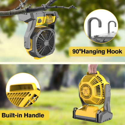 Cordless Camping Fan Compatible with DeWalt 20V Max Battery Adjustable Speed 180 Degree Tilt Built-in LED Light Hook for Hanging Portable Outdoor Fan Yellow Battery Not Included