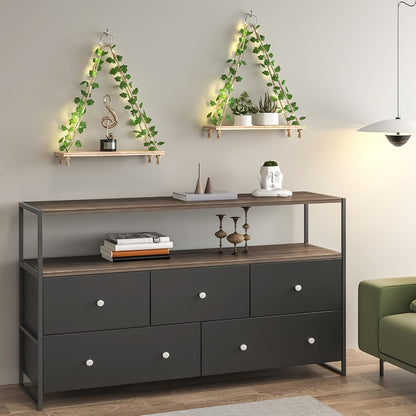 Floating Wall Shelves with Artificial Ivy LED Strip Lights Macrame Boho Wood Hanging Shelf Plant Wall Decor Bedroom Living Room Bathroom 15.7 Inch