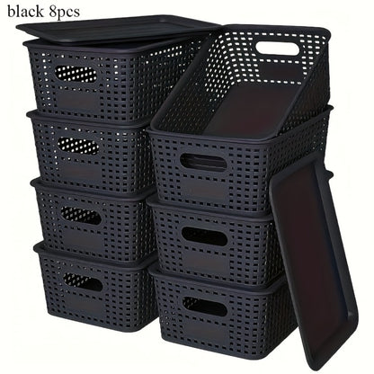 Storage Basket Set with Lids 8pcs – Plastic Desktop Organizer Bins for Document Storage, Shelf Organization & Home Office – Flip-Top Lid Baskets, White