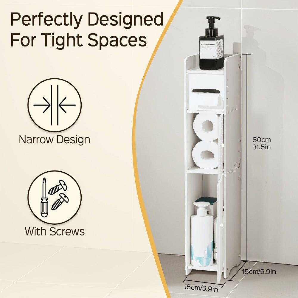 Slim Bathroom Storage Cabinet – PVC Toilet Paper Holder & Organizer for Small Spaces, Easy Assembly, Multi-Room Use, Bedroom & Living Room
