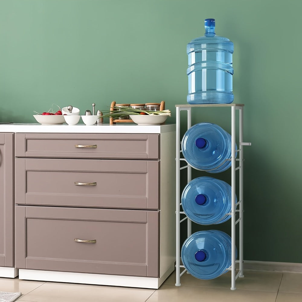 5-Gallon Water Jug Holder 3-Tier – Heavy Duty Water Bottle Rack Organizer with Top Shelf & Adjustable Legs for Kitchen, Living Room & Office – Particleboard & Steel Frame, White, Brown & Black