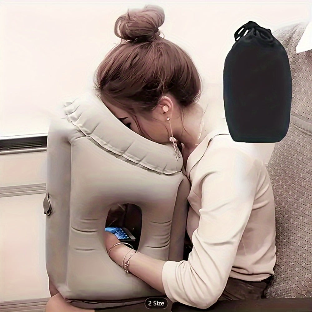 Inflatable Travel Pillow with Carrying Case – Ergonomic Neck & Head Support for Airplane, Car, Train, Office Nap & Camping, Compact Lightweight Flocking Fabric Pillow