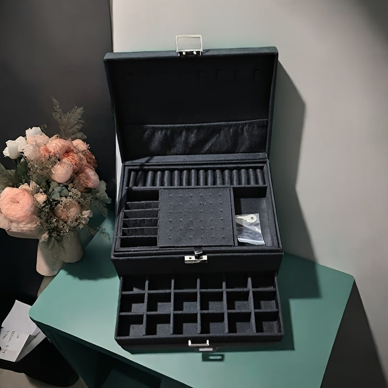 Velvet Jewelry Organizer Box with Lock & Drawers – Large Capacity Storage Case for Rings, Necklaces, Earrings & Bracelets, Travel Jewelry Box