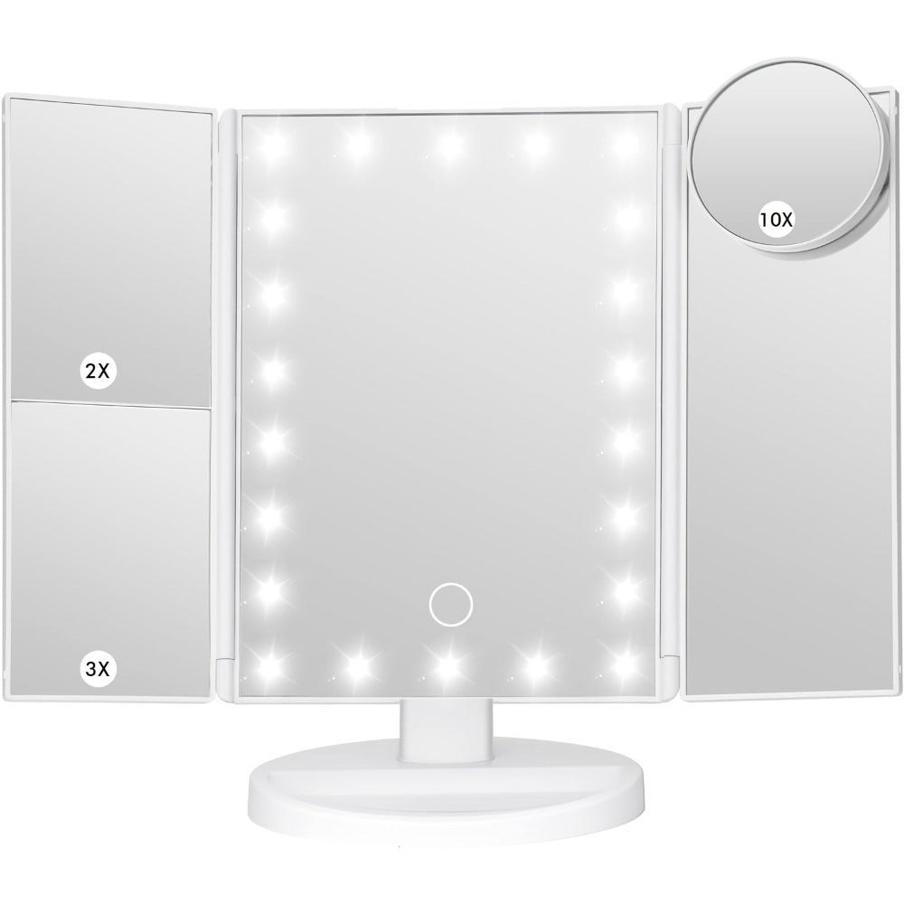 LED Tri-Fold Makeup Mirror with Touch Screen – 1X/2X/3X/10X Magnifying Vanity Mirror, Flexible Adjustable Base, Lighted Travel Mirror for Makeup Desk, Bedroom & Bathroom | Gift for Women