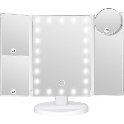 LED Tri-Fold Makeup Mirror with Touch Screen – 1X/2X/3X/10X Magnifying Vanity Mirror, Flexible Adjustable Base, Lighted Travel Mirror for Makeup Desk, Bedroom & Bathroom | Gift for Women