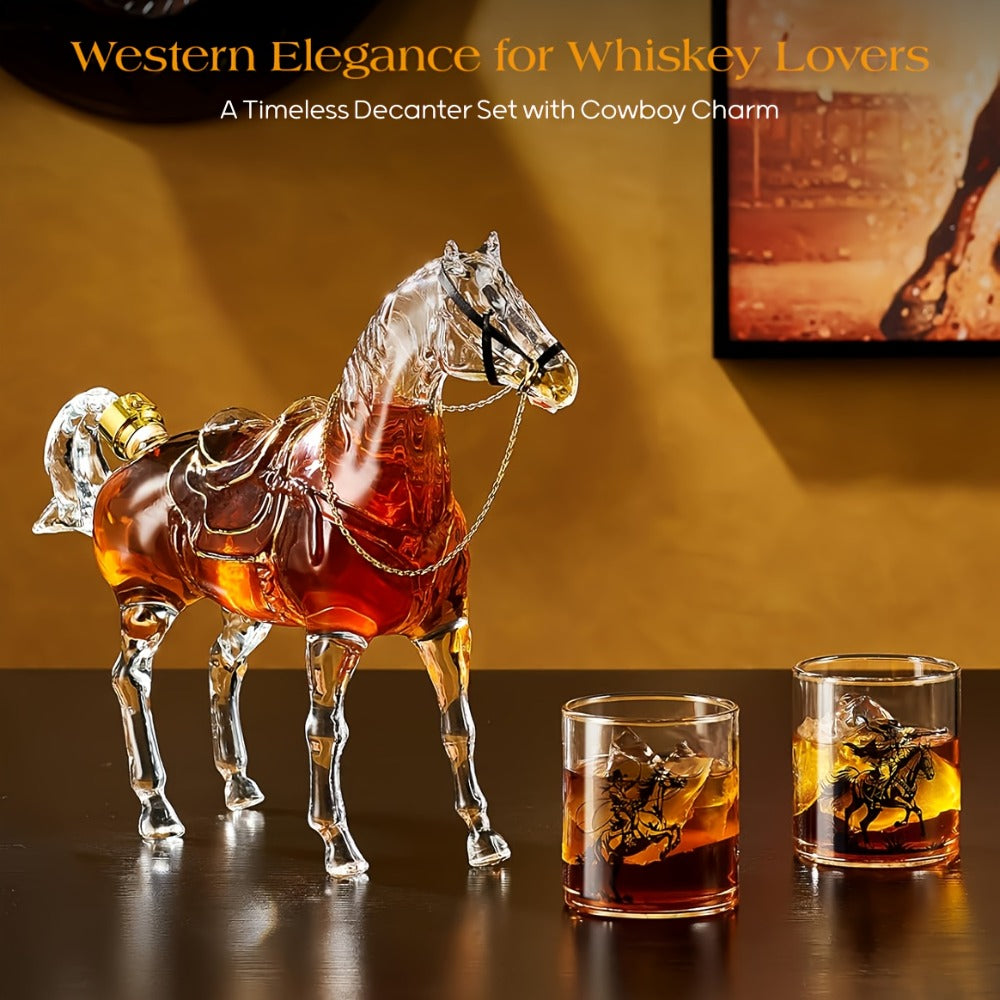 Horse Whiskey Decanter Set with 2 Cowboy Glasses – Western Bar Gift for Men, Bourbon Vodka Liquor Dispenser, Cowboy Style Home Bar Decanter