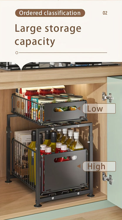 Under Sink Organizer 2-Tier Slide Out Pull Out Drawer Metal Basket Height Adjustable - Under Sink Cabinet Organizer for Kitchen Bathroom Storage, Sliding Shelf Rack for Cleaning Supplies Toiletries