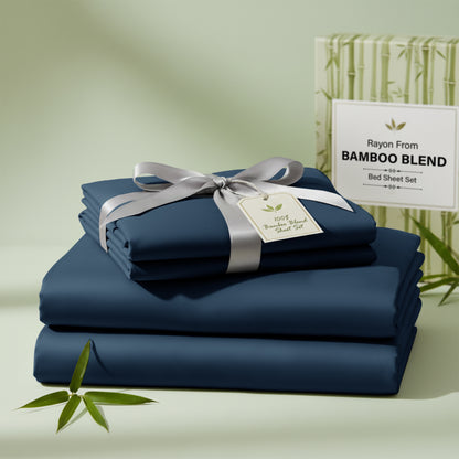 Bamboo Blend Bed Sheet Set 4 Piece 30% Bamboo Viscose 70% Polyester Cooling Deep Pocket 16 Inch Wrinkle-Resistant Moisture-Wicking Twin Full Queen King Cal King
