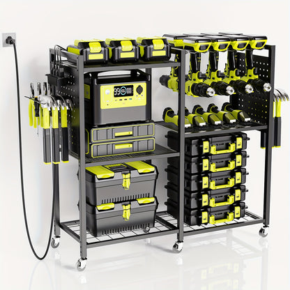 Mobile Tool Cart with Charging Station – 12 Drill Holders & 5 Storage Shelves Power Tool Organizer | Rolling Utility Rack Toolbox with Battery Charging Power Strip for Garage & Workshop | 4 Colors