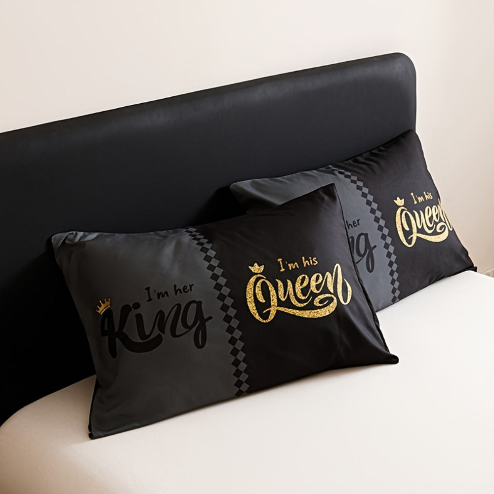 Comforter Set 3-Piece – Soft Breathable Quilt with 2 Pillowcases, Black Grey Color Block Crown Letter Print, Twin Full Queen King, 180GSM Bedroom Bedding Set