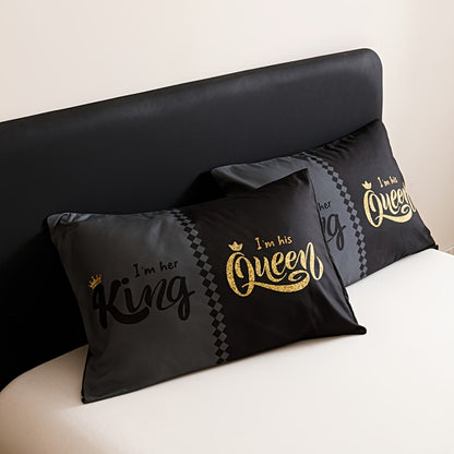 Comforter Set 3-Piece – Soft Breathable Quilt with 2 Pillowcases, Black Grey Color Block Crown Letter Print, Twin Full Queen King, 180GSM Bedroom Bedding Set
