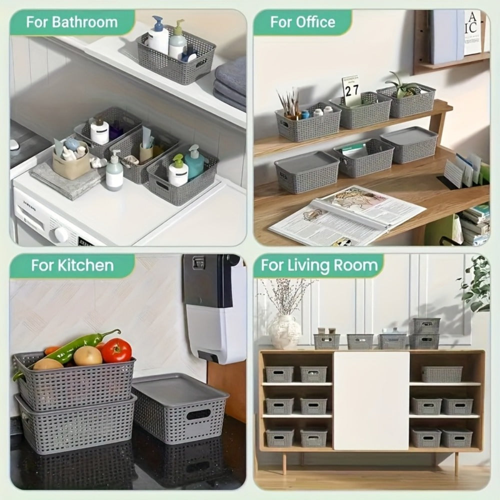 Storage Basket Set with Lids 8pcs – Plastic Desktop Organizer Bins for Document Storage, Shelf Organization & Home Office – Flip-Top Lid Baskets, White