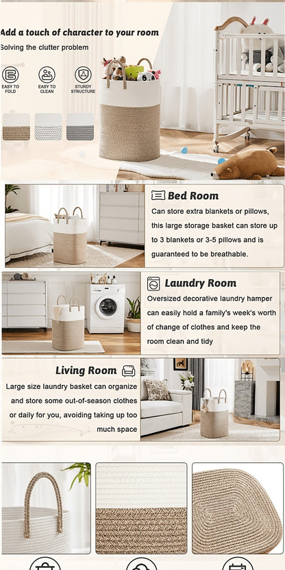 Woven Cotton Rope Laundry Basket Large Hamper with Handles for Bathroom Bedroom Living Room – Jumbo Boho Storage Basket for Clothes Blankets Toys | 40L 60L 80L 100L