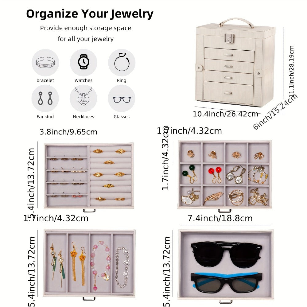 Large Jewelry Box 5-Tier PU Leather Organizer with Lock & Mirror – Storage Case for Bracelets, Earrings, Rings & Necklaces