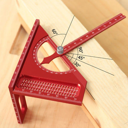 Adjustable 3D Carpentry Square Set 180° Rotating Aluminum Alloy Triangle Ruler T-Square with Scribing Holes Red Black Markings Woodworking Measurement Tool
