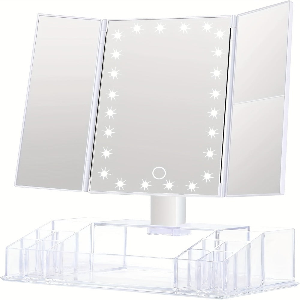 Lighted Makeup Mirror with Storage – Tri-Fold Vanity Mirror 24 LED Lights, Touch Screen, 3X/2X/1X Magnification, 180° Rotation, Dual Power Supply, White & Rose Gold