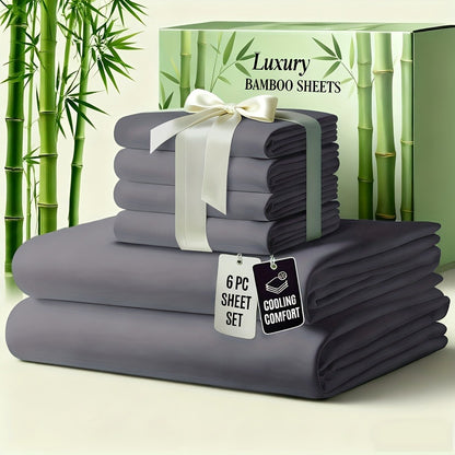 Bamboo Bed Sheet Set 6-Piece Cooling Soft Bedding with Deep Pocket Fitted Sheet - Viscose Derived from Bamboo Sheets Twin Full Queen King Size Breathable Wrinkle-Resistant Luxury Bedding Set