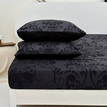 Gothic Skull Fitted Sheet Set 3-Piece – Victorian Baroque Halloween Bedding | 1 Deep Pocket Fitted Sheet + 2 Pillowcases | Machine Washable Hypoallergenic Polyester | Twin Full Queen King
