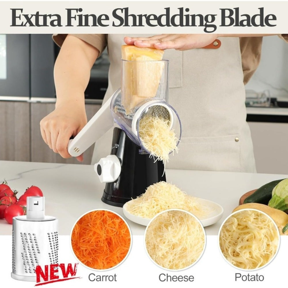 Rotary Cheese Grater with Hand Crank – 3 Interchangeable Blades for Cheese, Vegetables & Nuts, Non-Slip Suction Base, Includes Cleaning Brush – Manual Cheese Shredder for Kitchen (6 Colors)