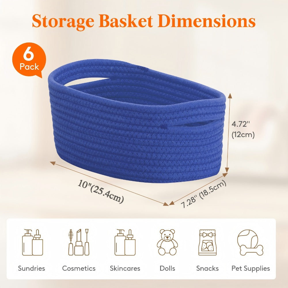 Woven Storage Baskets 6-Pack Cotton Rope Cube Bins 11x7x5" | Handmade Small Shelf Baskets for Organizing Closet Bedroom Living Room Playroom | Round Decorative Storage Caddy Multiple Colors