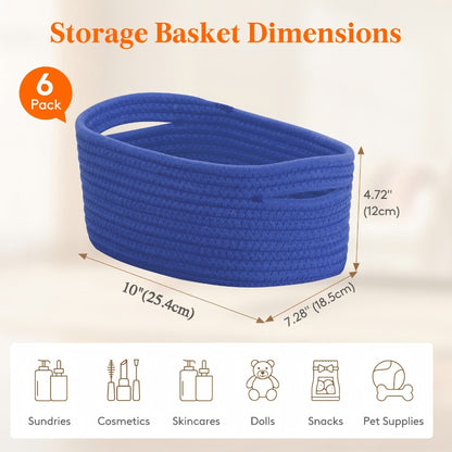 Woven Storage Baskets 6-Pack Cotton Rope Cube Bins 11x7x5" | Handmade Small Shelf Baskets for Organizing Closet Bedroom Living Room Playroom | Round Decorative Storage Caddy Multiple Colors
