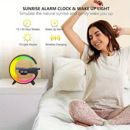Wireless Charger with RGB Night Light – 4-in-1 Bluetooth Speaker Alarm Clock Wake Up Light, 256 RGB Colors, Qi Fast Charging for iPhone Samsung, Bedside Nightstand Lamp