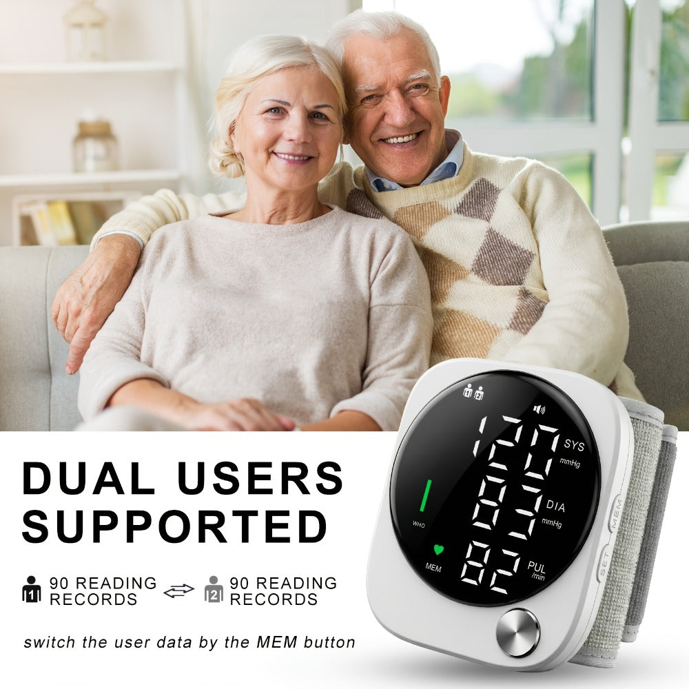 Wrist Blood Pressure Monitor with LCD Screen, Arrhythmia Alarm & Voice Playback – Adjustable Cuff, USB Charging, Gift for Family
