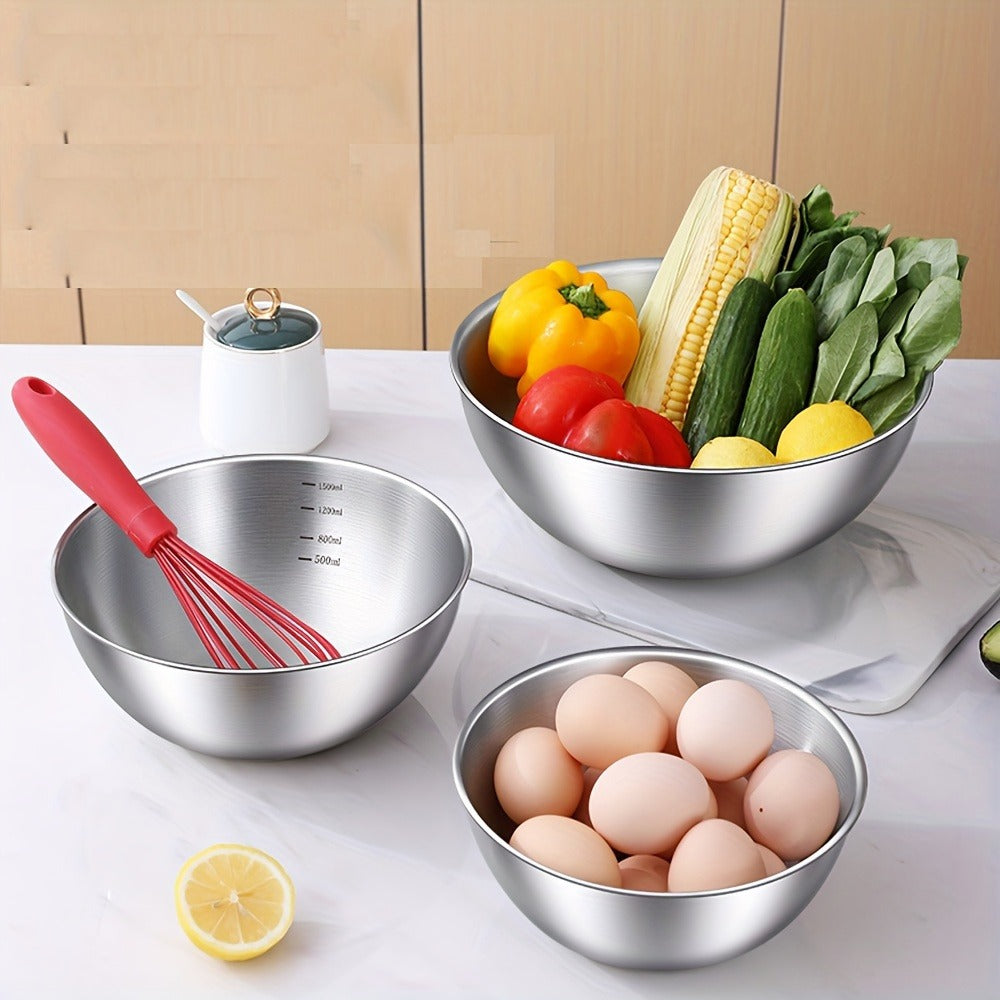 Stainless Steel Mixing Bowl Set 3-Piece with Measuring Marks – Small Medium Large Nesting Bowls for Cooking, Baking & Food Prep, Durable 304 Stainless Steel Salad Bowl Set for Kitchen & Restaurant