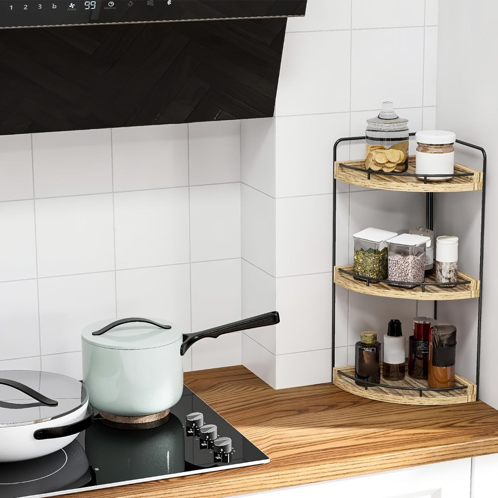 3-Layer Rustic Corner Countertop Storage Rack – 16.93" Wooden Vanity Organizer & Space-Saving Shelf for Bathroom, Kitchen & Bedroom – Farmhouse Corner Shelf for Countertop Display & Organization