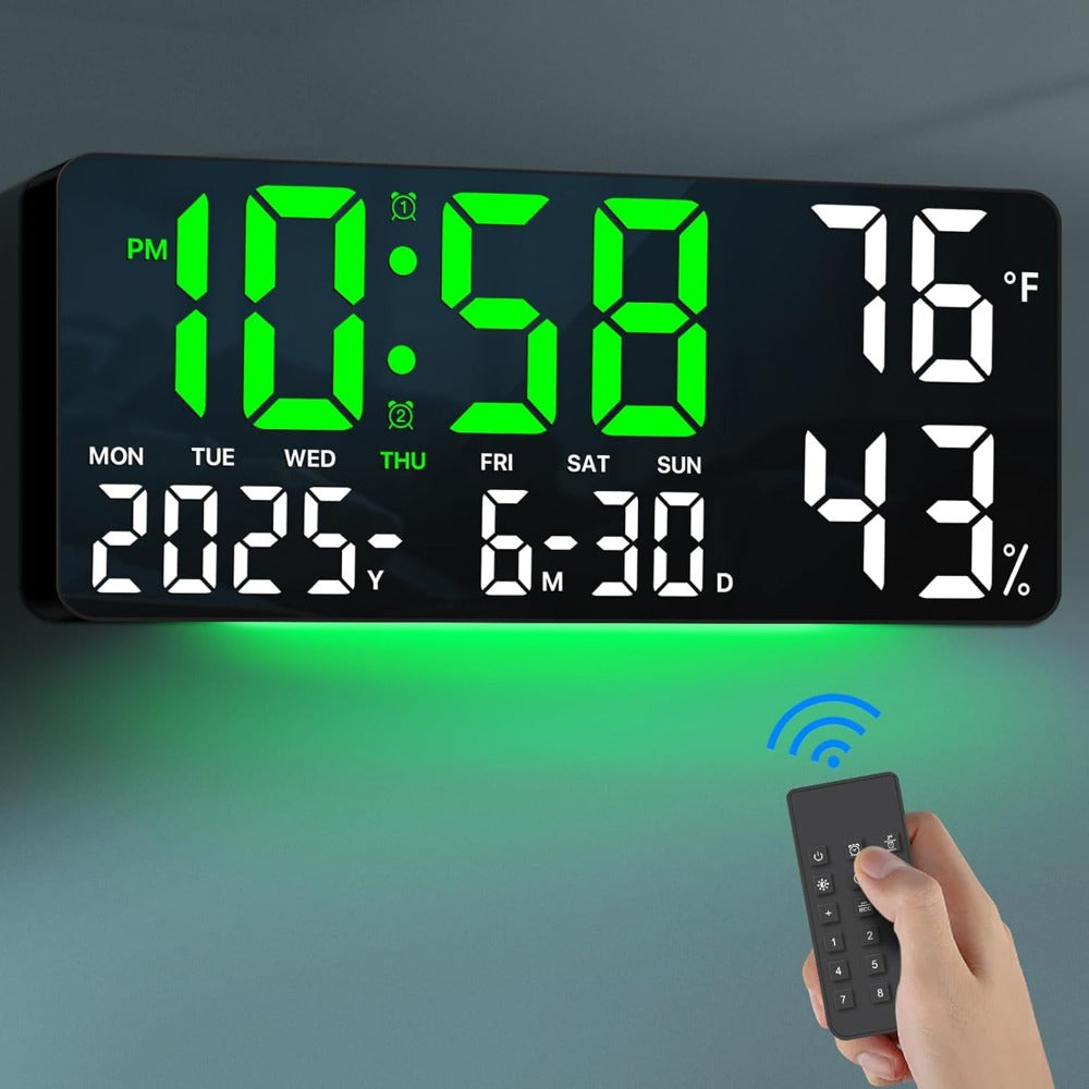 Large Digital Wall Clock with Remote Control – 14.6" LED Display Dual Alarm Clock with Night Light, Temperature, Humidity, Date & Week – RGB Color-Changing Bedroom & Living Room Clock Gift for Elderly