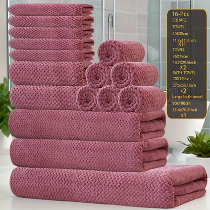 Coral Fleece Bath Towel Set 16 Piece 300GSM - Extra Large Bath Towel Washcloths Square Towels Soft Absorbent Quick Dry | 11 Colors | Hotel Home Travel Spa Gift Complete Bathroom Towel Collection