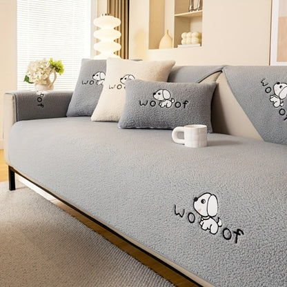 Sherpa Plush Sofa Cover Non-Slip | Thick Fleece Couch Protector, Pet Friendly Furniture Shield, 1 to 4 Seat, Armrest Backrest Pillowcase, Deep Gray Light Gray Coffee Off White