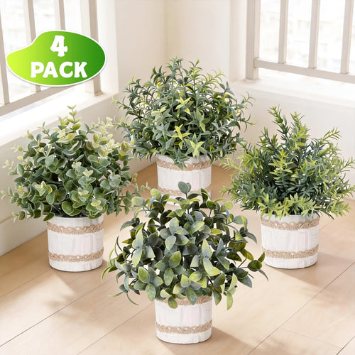 Mini Artificial Potted Plants 4 Pack – Realistic Fake Greenery in White Pots for Home, Office & Party Decor | No Watering Needed Low-Maintenance Indoor Outdoor Faux Plant Set | Housewarming Gift