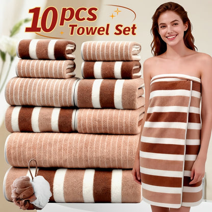 Microfiber Towel Set No Hair Loss Five-Star Hotel Standard - Ultra Soft 100% Polyester Two-Color Striped | 10pcs 3pcs 1pc | Green Brown Gray Red Blue | Bath Face Hand Towels with Bath Ball