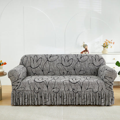 Printed Sofa Cover with Skirt Elastic Four Seasons Universal Furniture Protective Slipcover for Bedroom Office Living Room - 1 2 3 4 Seater Gray